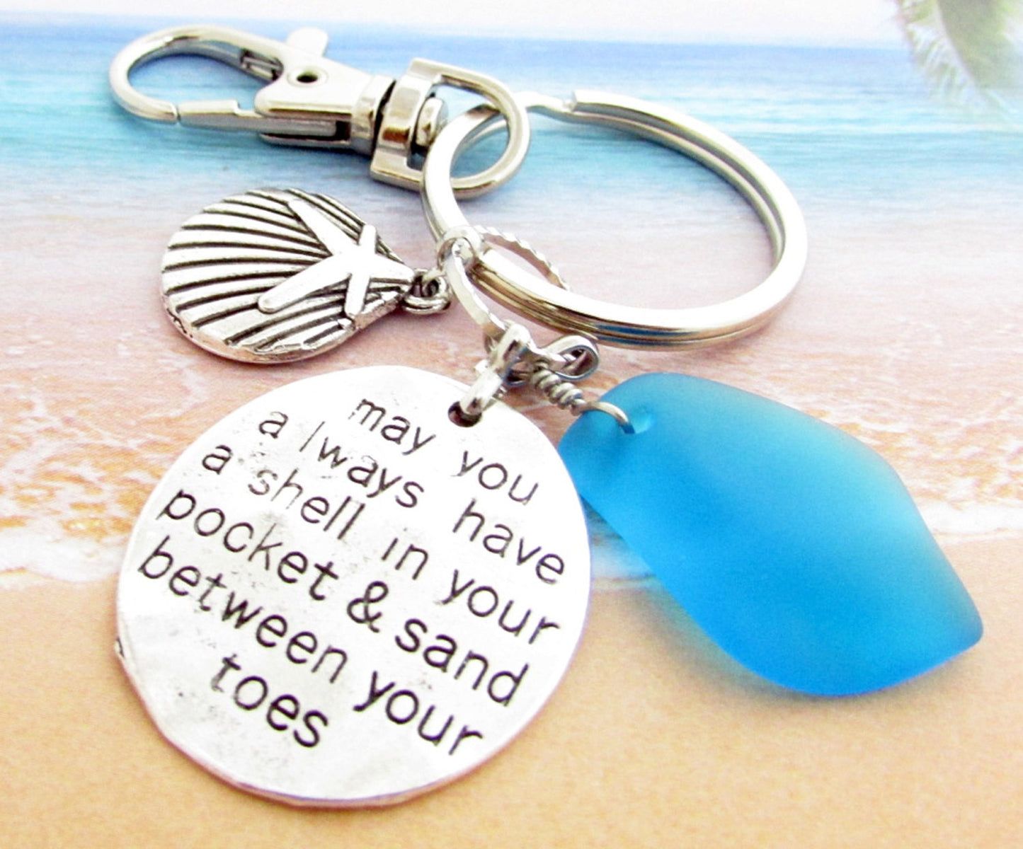 Sea Glass Keychain – Starfish & Shell Charm, Handmade Coastal Beach Lover Gift
