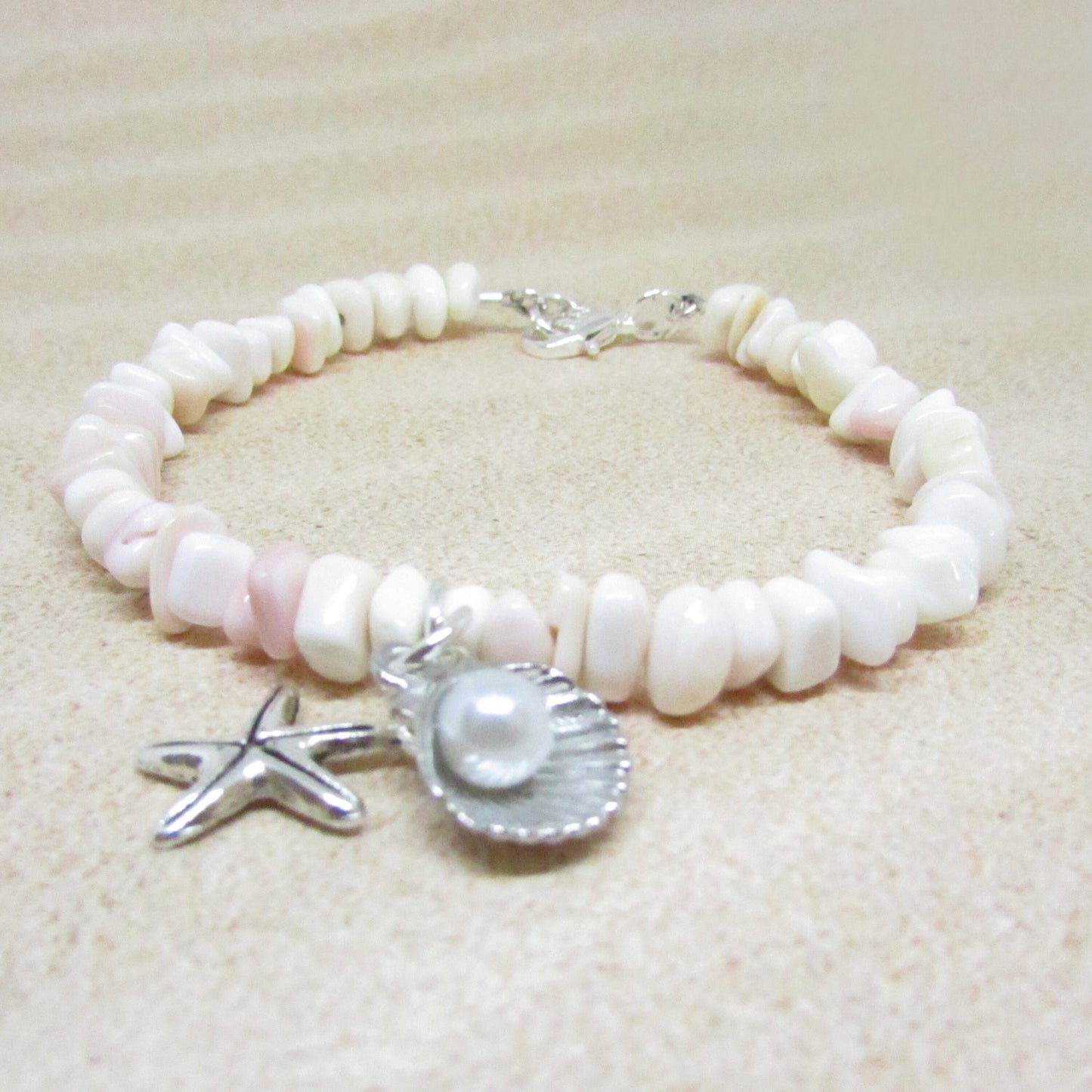 Pink Shell Bracelet – Starfish Charm & Pearl Beads, Natural Coastal Beach Jewelry for Her