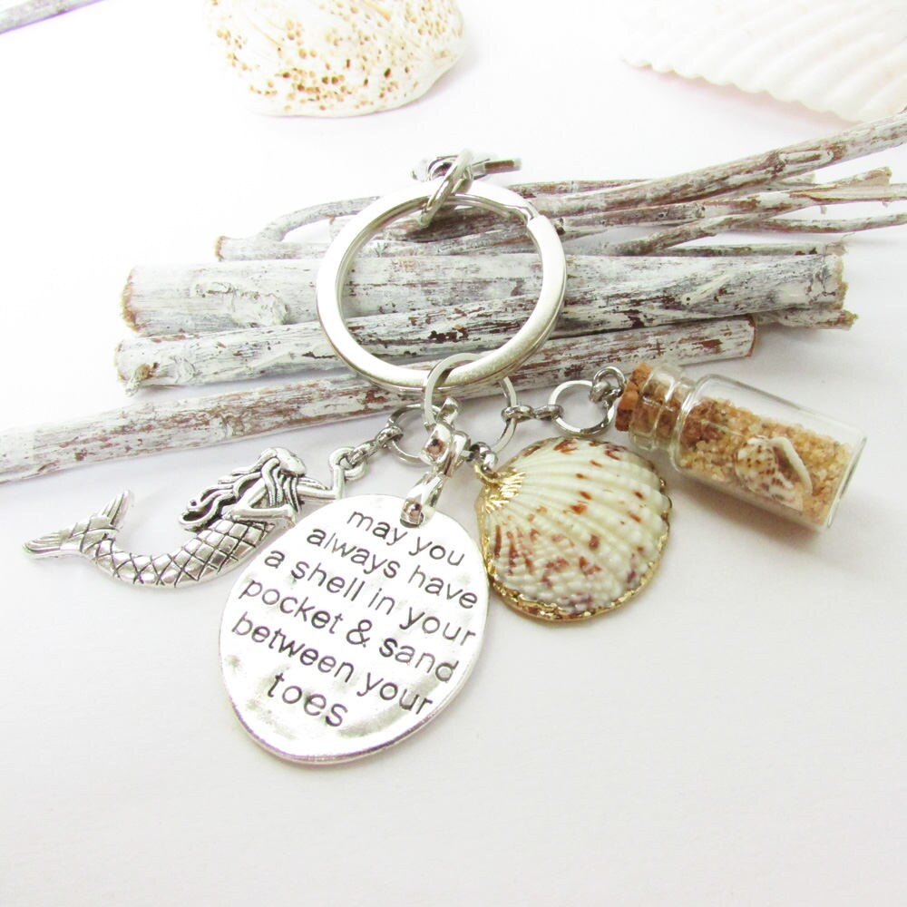 Seashell Keychain – Mermaid Charm, Beach Sand Bottle & Quote (Keychain or Car Charm)