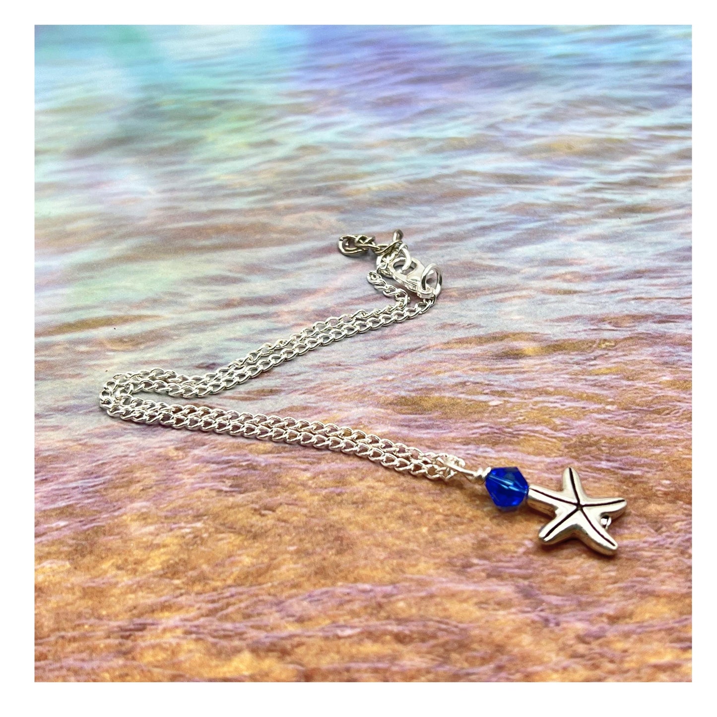 Starfish Anklet: Dainty Silver Chain with Blue Crystal Charm