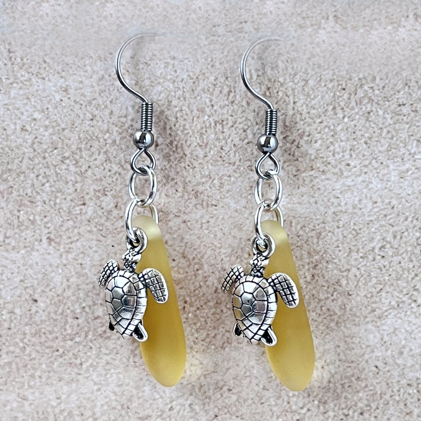 Sea Glass Turtle Dangle Earrings – Beach Wedding Jewelry in Yellow or Blue, Coastal Gift
