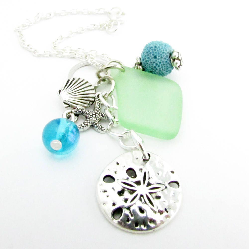 Sea Glass Car Charm with Sand Dollar – Rear View Mirror Lava Bead Diffuser, Ocean Beach Gift