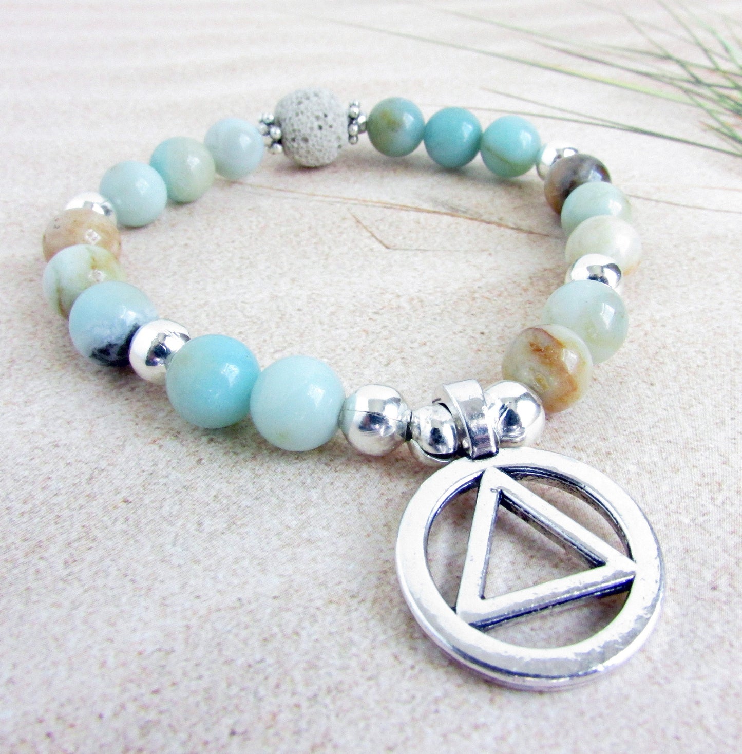 Sobriety Support Bracelet – Natural Amazonite & Lava Bead AA Jewelry, Recovery Gift (AA Symbol or Let Go Let God)