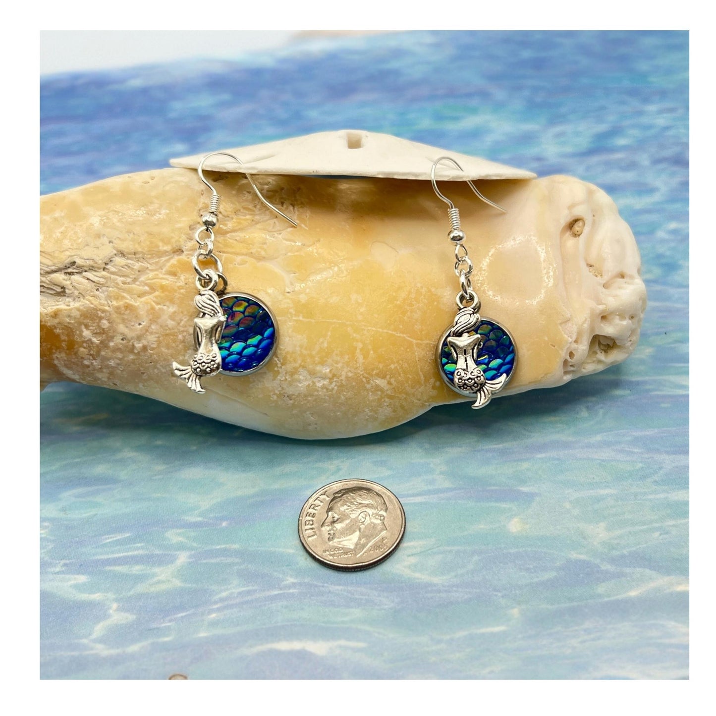 Mermaid Scale Dangle Earrings – Iridescent Fish Scale & Tiny Mermaid Charms, Coastal Ocean Gift