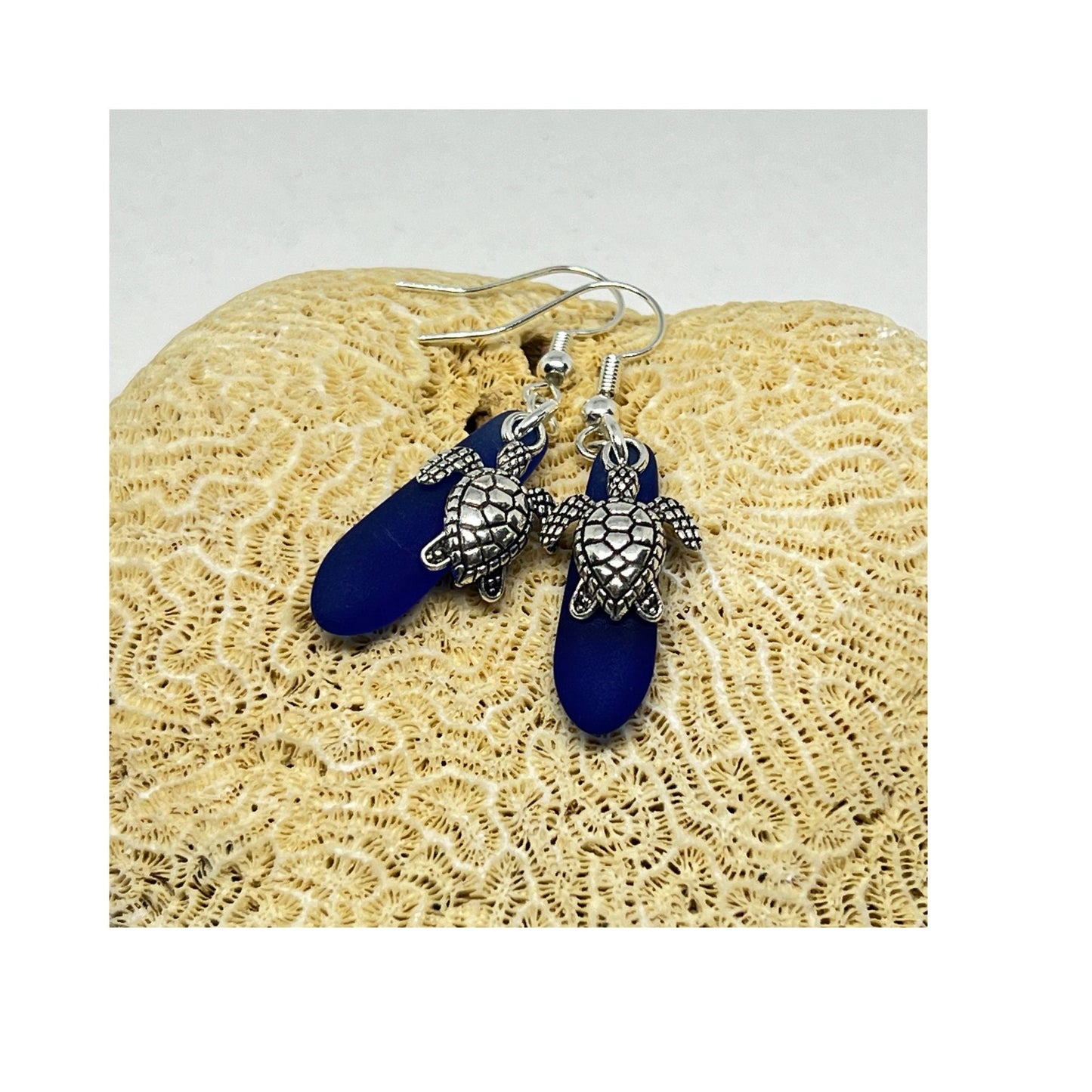 Sea Turtle Sea Glass Earrings – Cobalt Blue Handmade Ocean Jewelry