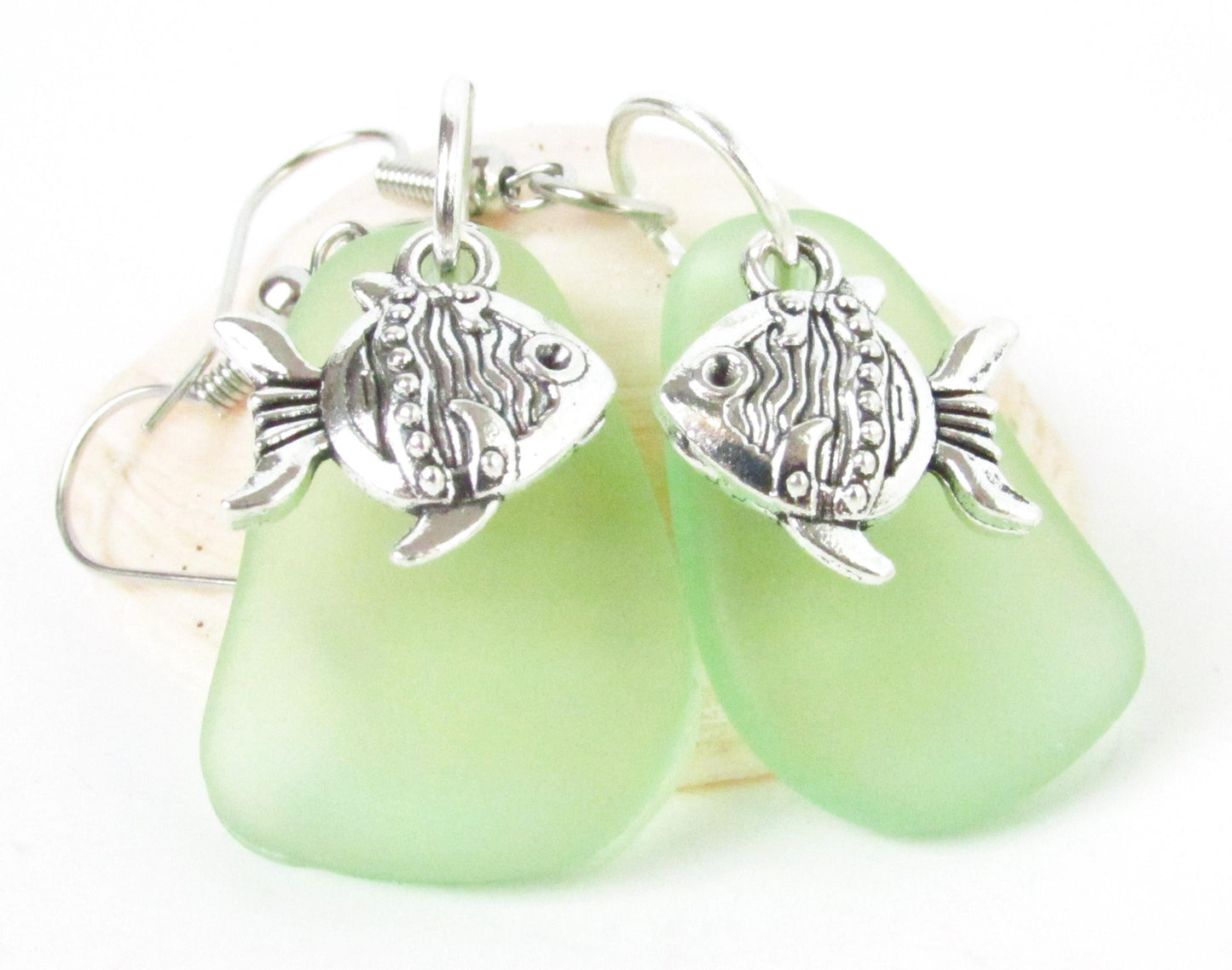 Sea Glass Goldfish Dangle Earrings – Green Eco-Friendly Coastal Beach Jewelry Gift for Her