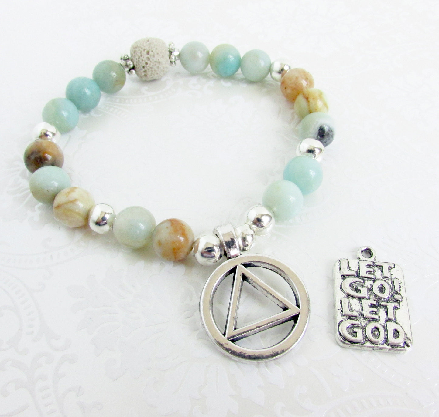 Sobriety Support Bracelet – Natural Amazonite & Lava Bead AA Jewelry, Recovery Gift (AA Symbol or Let Go Let God)