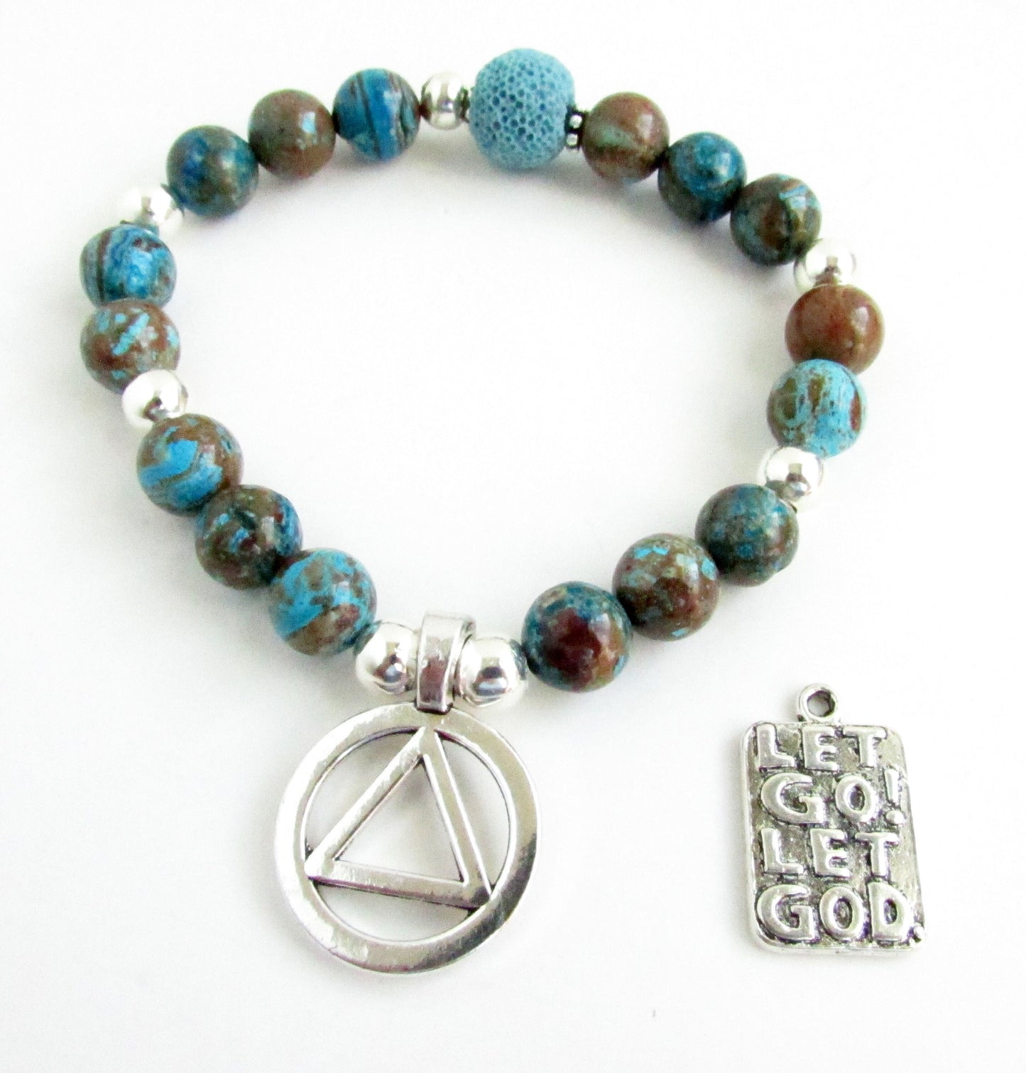 AA Sobriety Bracelet – Blue Crazy Lace Agate & Lava Bead Recovery Jewelry with AA Symbol or Let Go Let God Charm