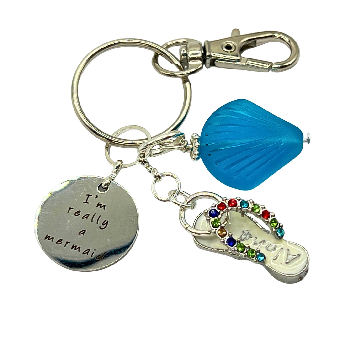 Sea Glass Keychain – Flip Flop & Beach Quote Charm, Coastal Gift for Her (Keychain or Car Charm)