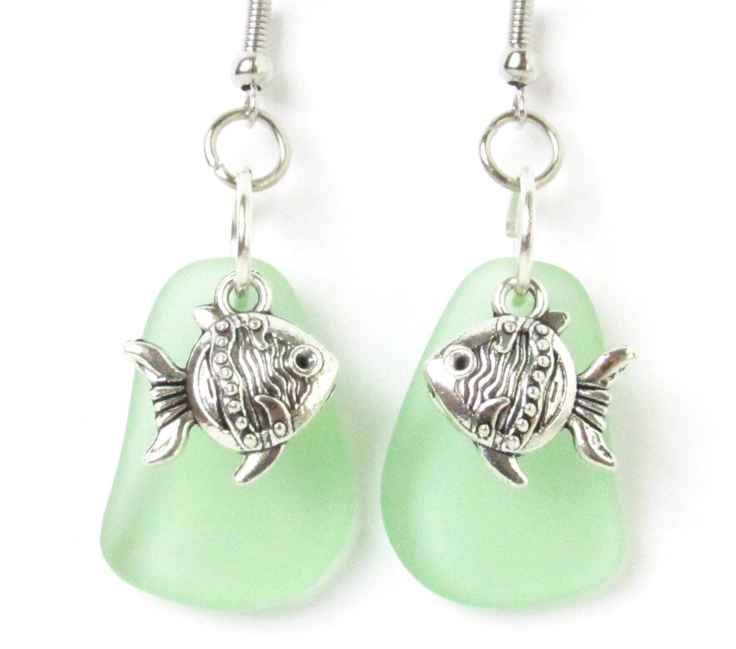 Sea Glass Goldfish Dangle Earrings – Green Eco-Friendly Coastal Beach Jewelry Gift for Her