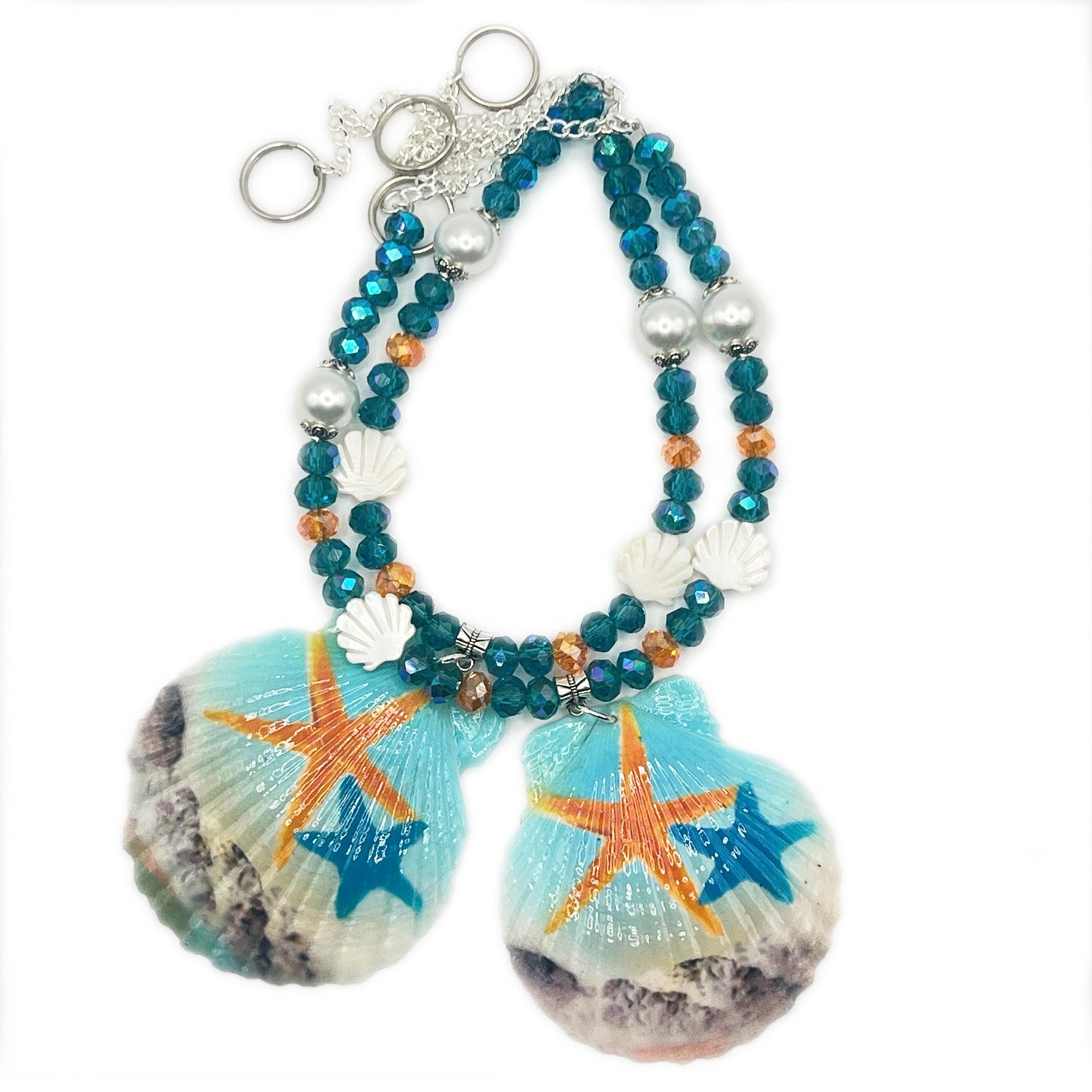 Sea Shell Curtain Tiebacks – Hand-Painted Shell Beaded Coastal Home Decor, Handmade Set of 2