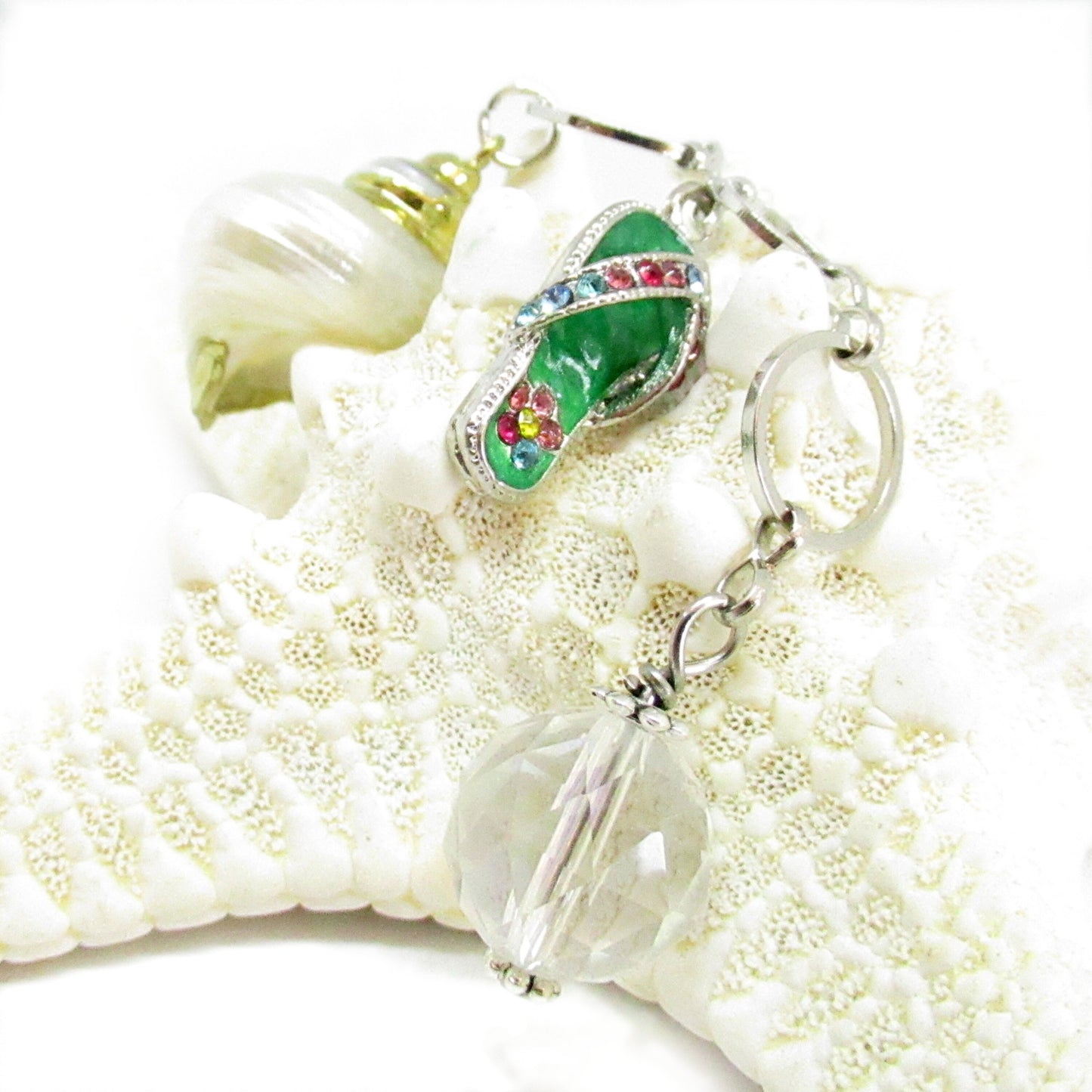 Seashell Car Charm – Beach Rearview Mirror Dangle with Flip Flop & Crystal, New Driver Gift