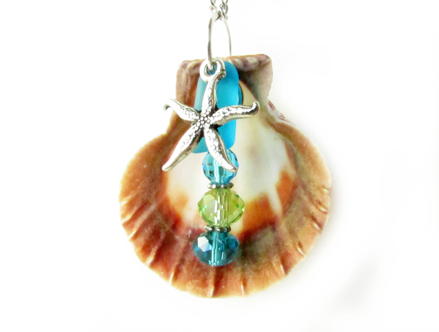Sea Shell Rearview Mirror Charm: Starfish, Sea Glass & Crystal Car Ornament