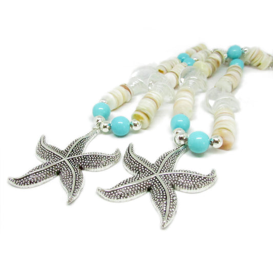 Starfish Curtain Tiebacks – Silver Starfish, Resin Shell & Sea Blue Beads, Coastal Beach House Decor (Set of 2)