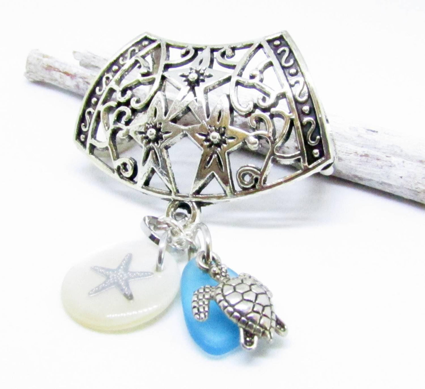 Seashell Scarf Slide – Sea Turtle, Starfish & Blue Sea Glass Coastal Scarf Jewelry