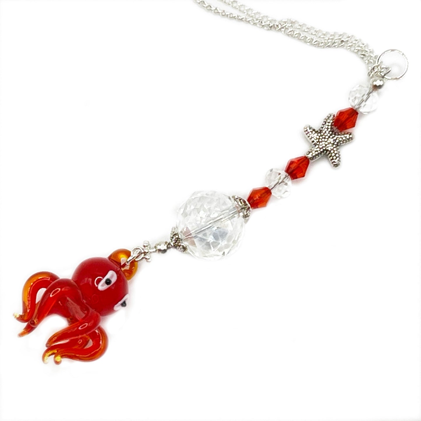 Octopus Car Charm – Red Glass Rear View Mirror Sun Catcher, Handmade Ocean Beach Gift