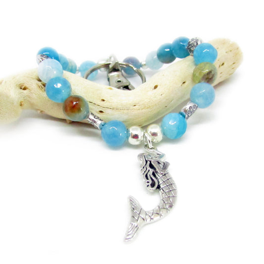 Aqua beaded mermaid keychain bracelet wristlet — handmade elastic coastal beach accessory