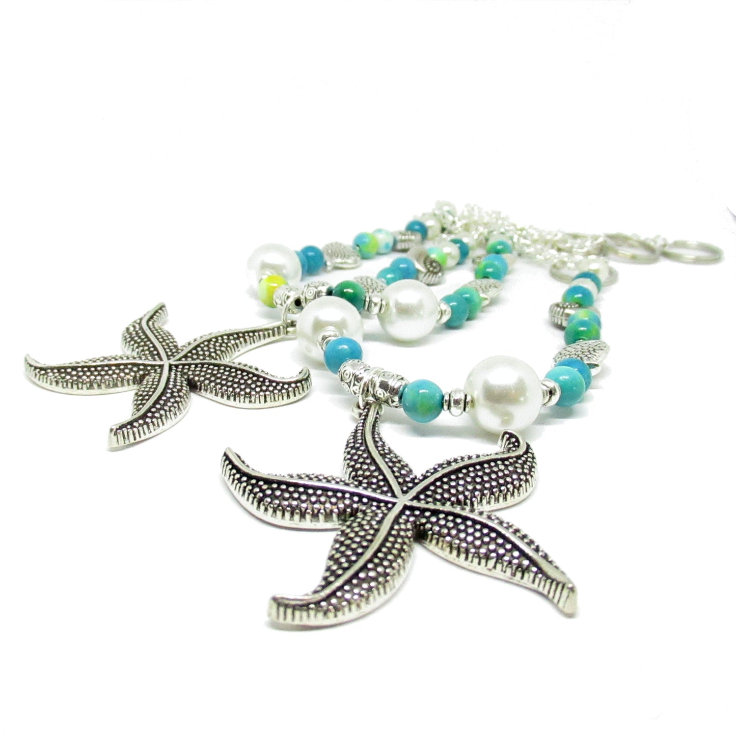Starfish Curtain Tiebacks – Sea Blue & Green Beaded Nautical Beach Decor, Set of 2