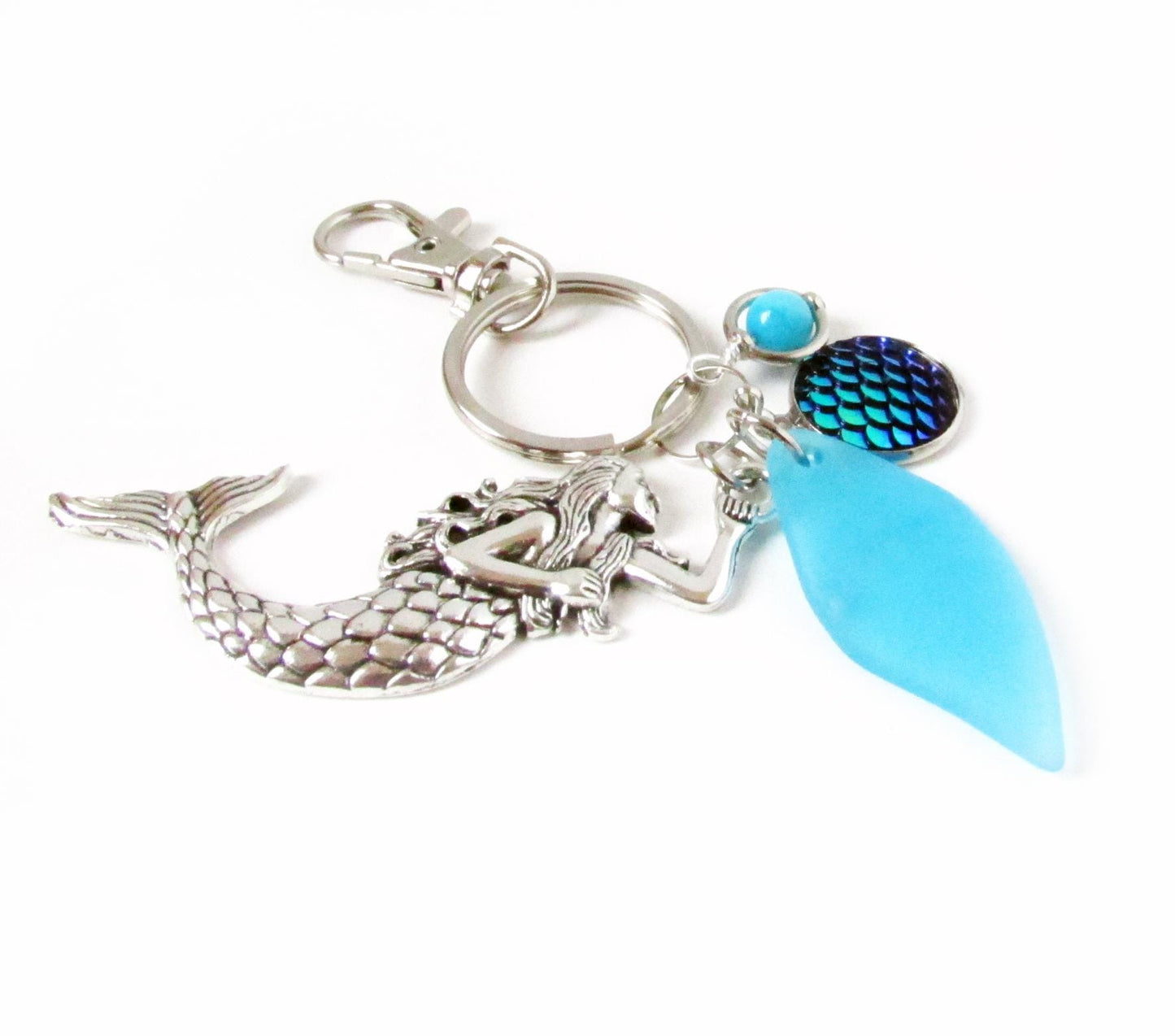 Mermaid Keychain with Sea Glass Charm – Blue or Green, Beach Lover Gift (Keychain or Car Charm)