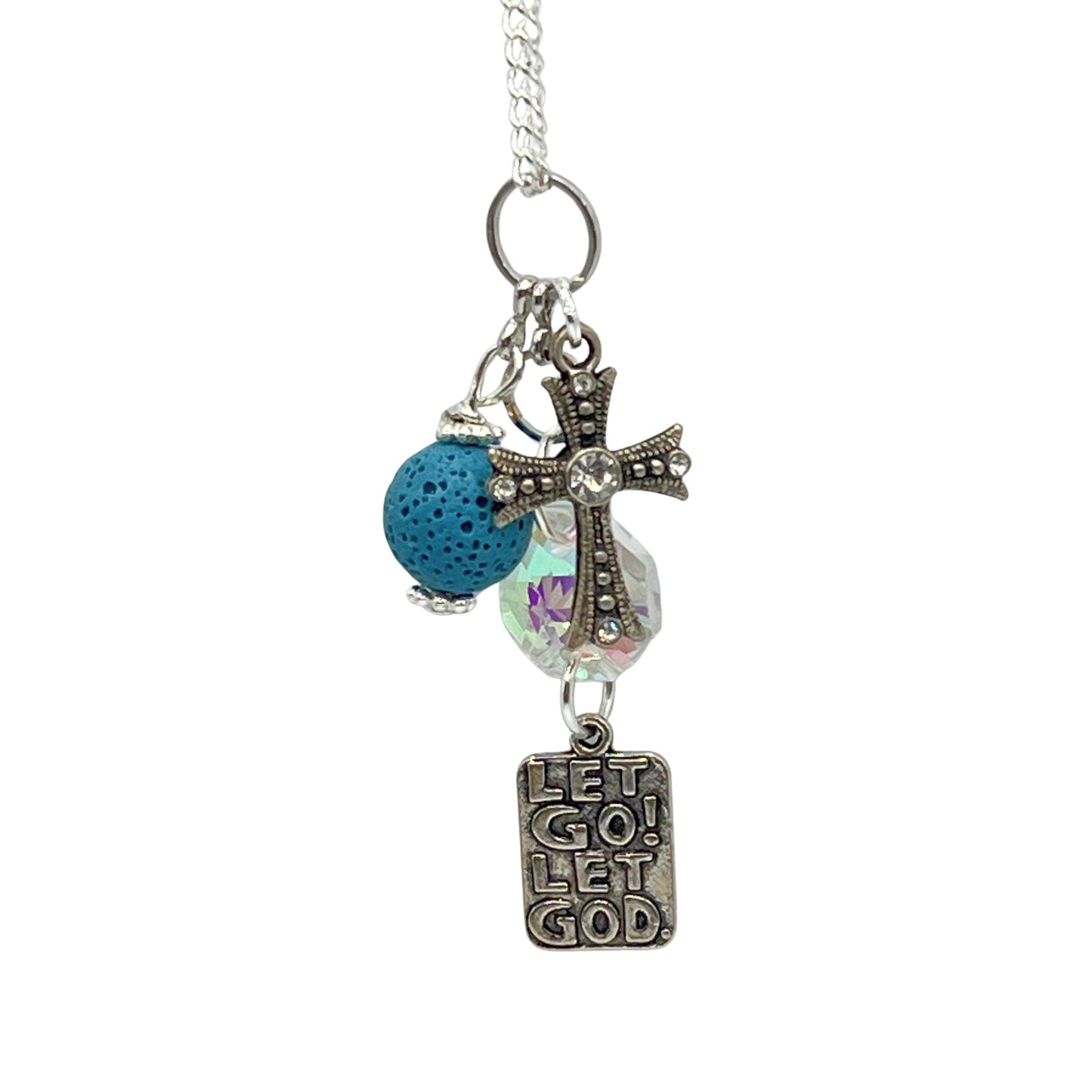 Cross Car Charm – Let Go Let God Rear View Mirror Dangle with Lava Bead Diffuser, Faith & Sobriety Gift