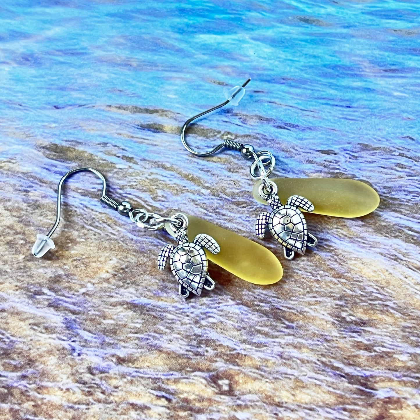 Sea Glass Turtle Dangle Earrings – Beach Wedding Jewelry in Yellow or Blue, Coastal Gift