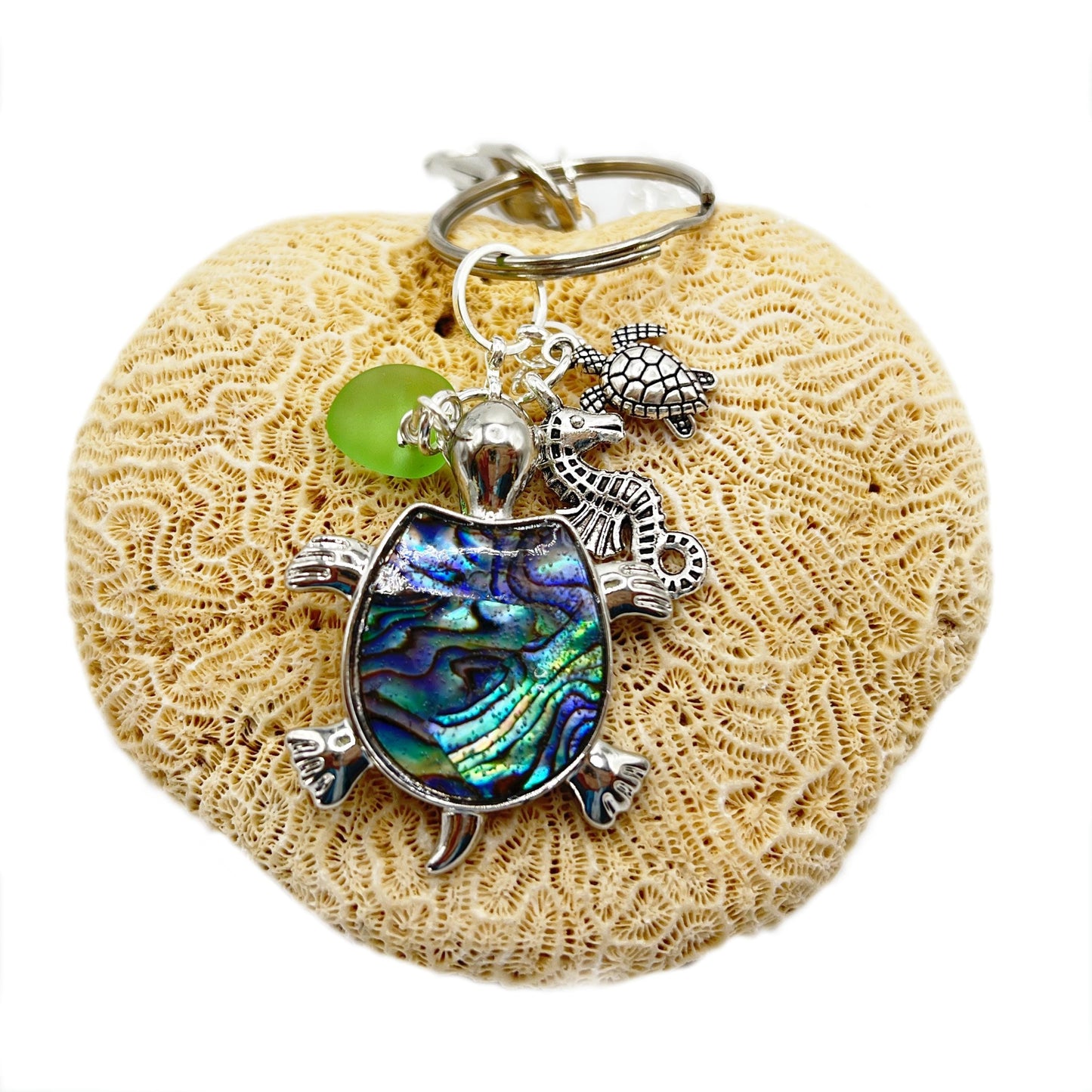 Sea Turtle Eyeglass Lanyard – Sea Glass & Abalone Shell Coastal Necklace Holder, Gift for Her