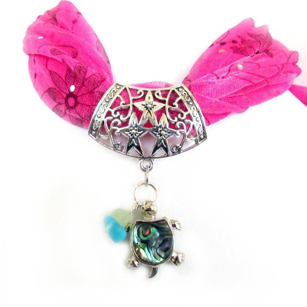 Sea Glass Turtle Scarf Slide – Abalone Shell & Sea Glass Chip Coastal Scarf Jewelry Gift