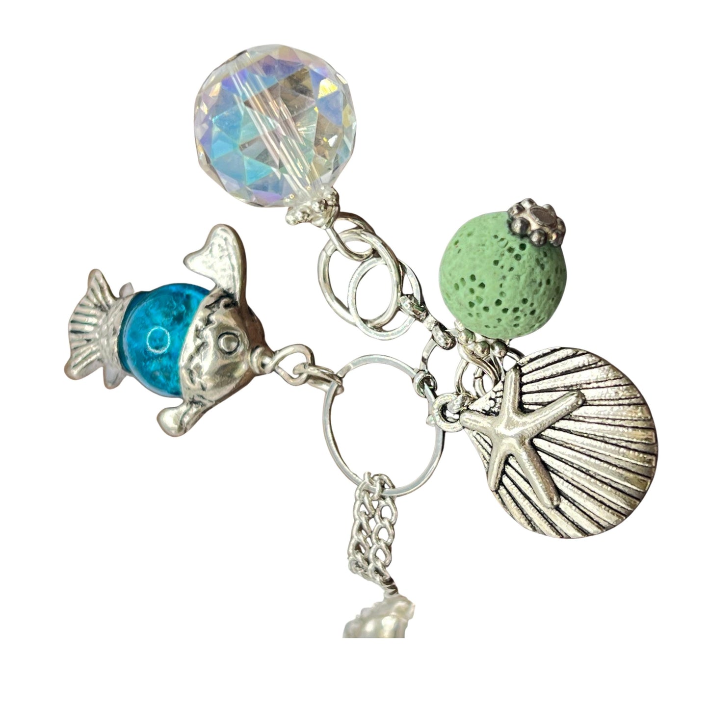 Green lava bead and blue green crackle bead fish car charm for rearview mirror, coastal essential oil diffuser