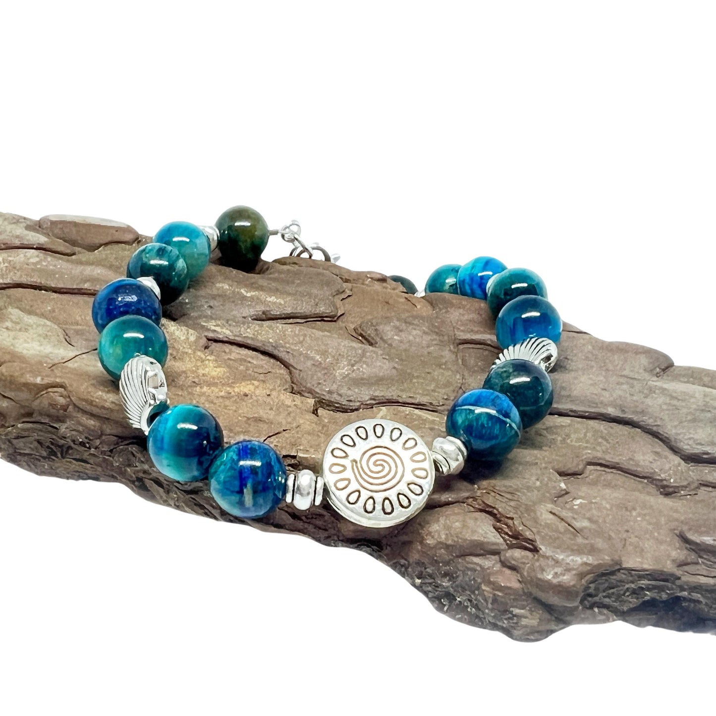 Blue Tiger Eye & Shell Bracelet – Gemstone Coastal Jewelry, Courage & Clarity Gift for Her