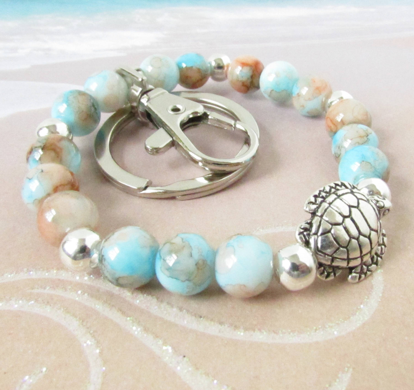 Sea Turtle Keychain Bracelet – Mottled Glass Beads & Silver Charm, Coastal Wristlet Gift