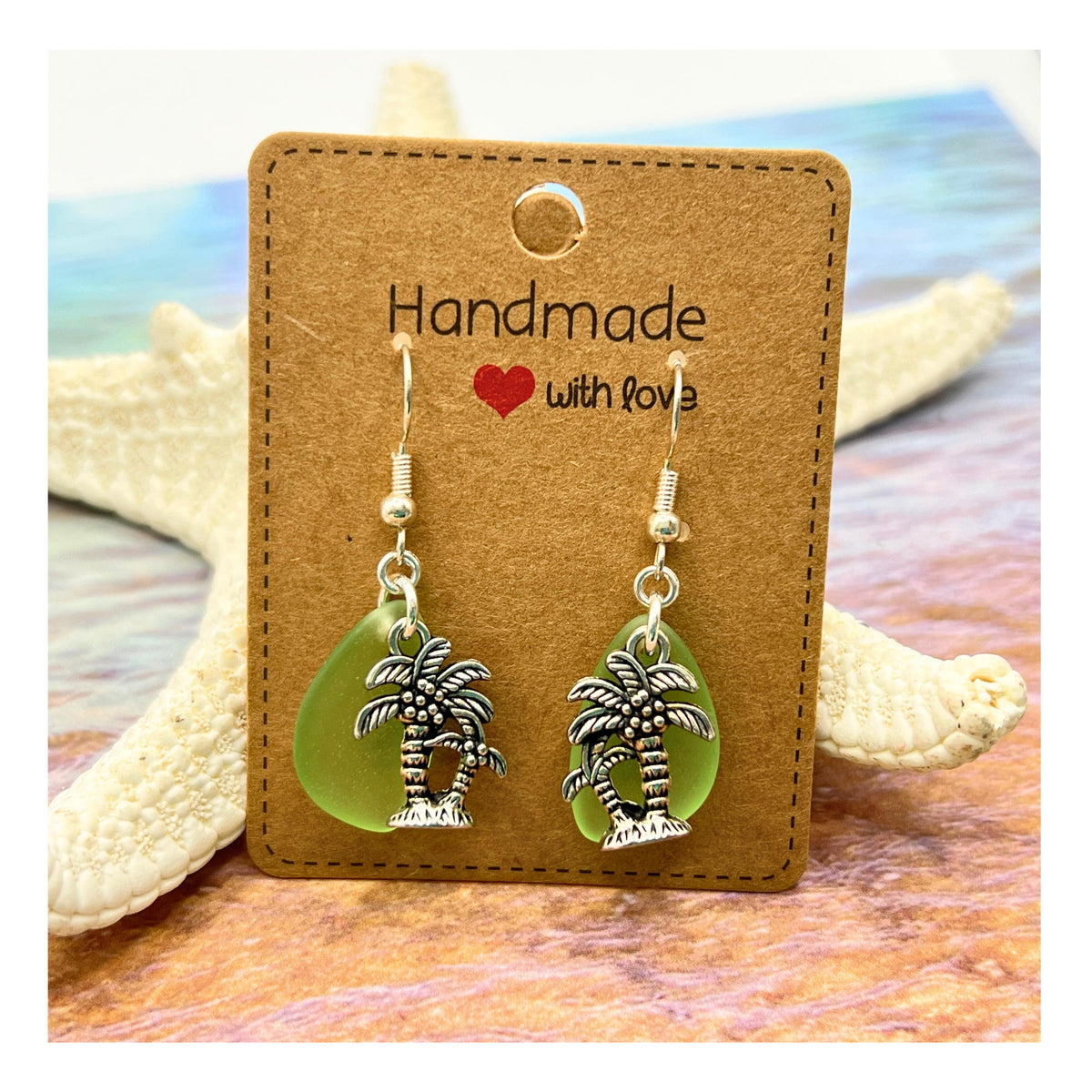 Palm Tree Dangle Earrings - Sea Glass Beach Jewelry