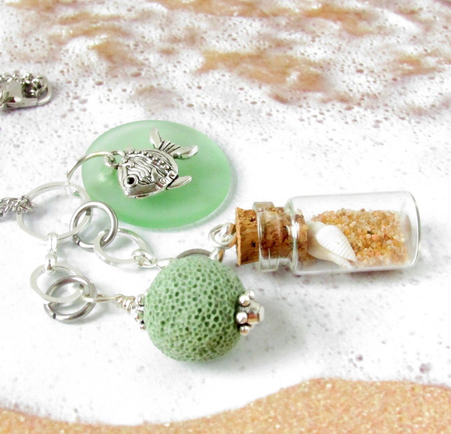 Sea Glass Car Charm – Beach Bottle & Fish Charm Rear View Mirror Diffuser, Coastal Ocean Gift