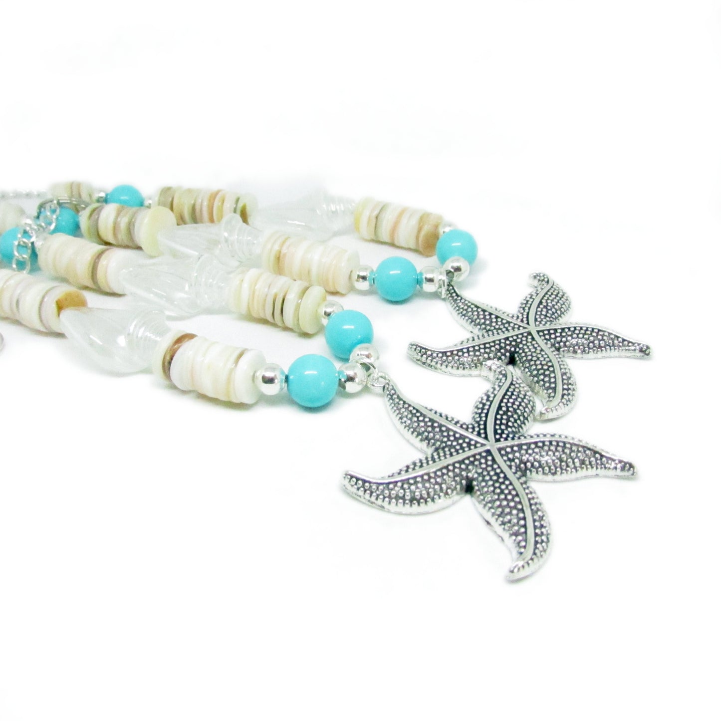 Starfish Curtain Tiebacks – Silver Starfish, Resin Shell & Sea Blue Beads, Coastal Beach House Decor (Set of 2)