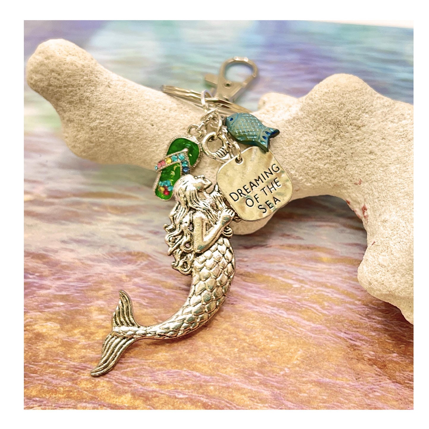 Mermaid Keychain – Enamel Mermaid, Flip Flop & Glass Fish Bead, Nautical Beach Gift for Her