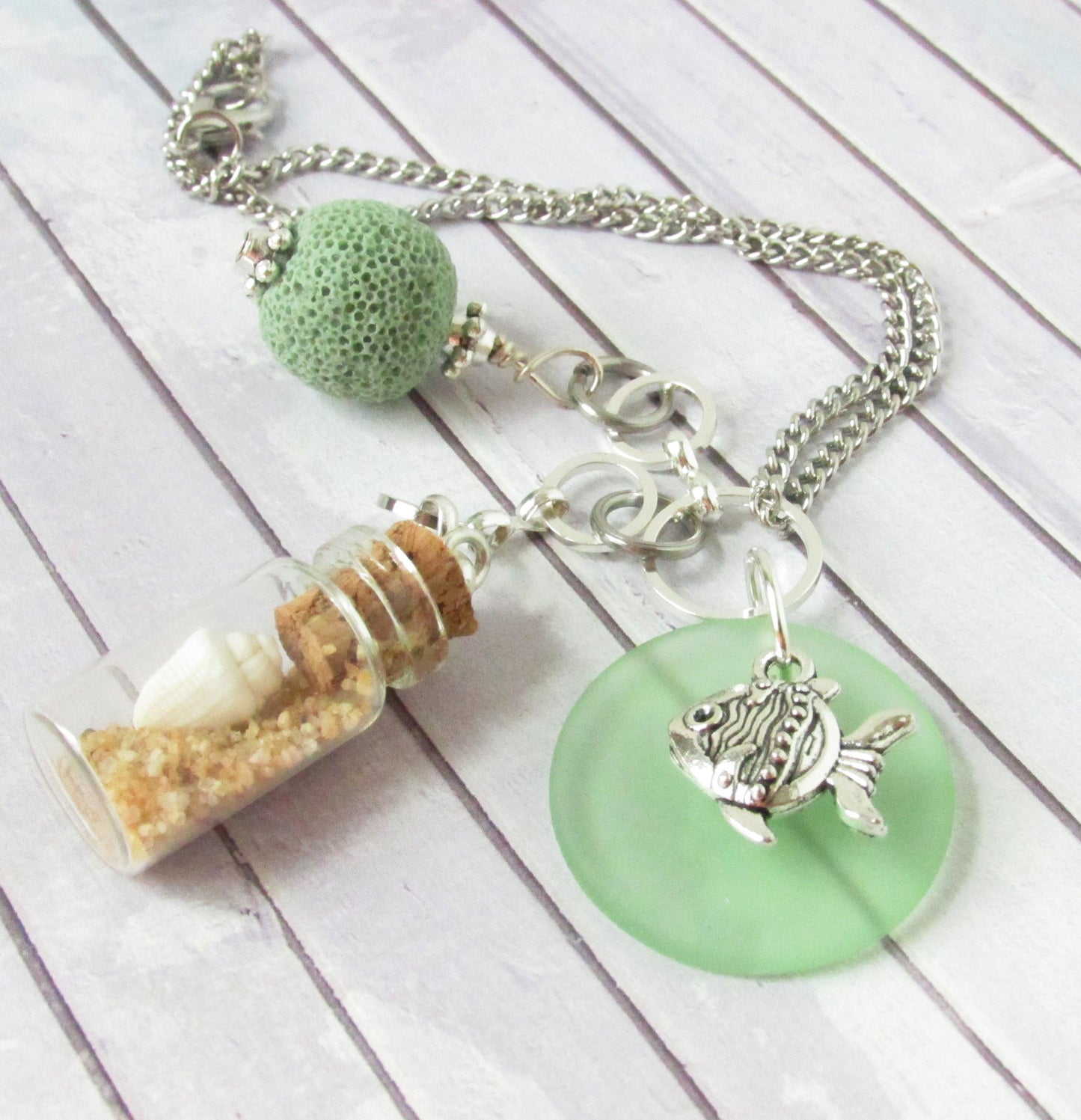 Sea Glass Car Charm – Beach Bottle & Fish Charm Rear View Mirror Diffuser, Coastal Ocean Gift