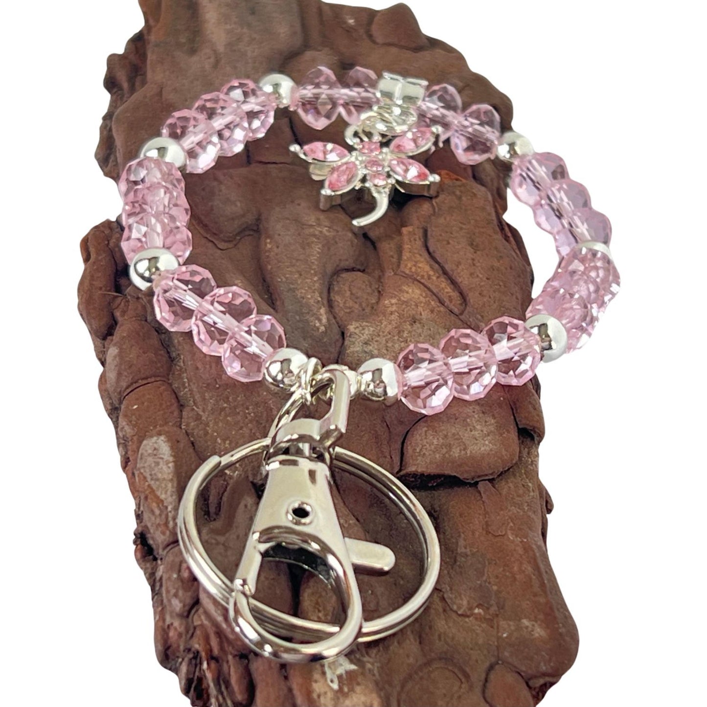 Pink Crystal Dragonfly Keychain Bracelet – Wrist Lanyard, Handmade Gift for Her
