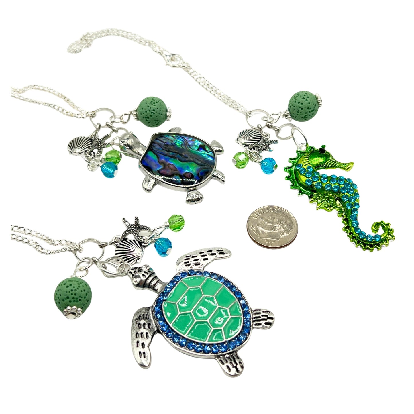 Sea Turtle Car Charm – Rhinestone Rear View Mirror Diffuser with Green Lava Bead, Choose Your Design