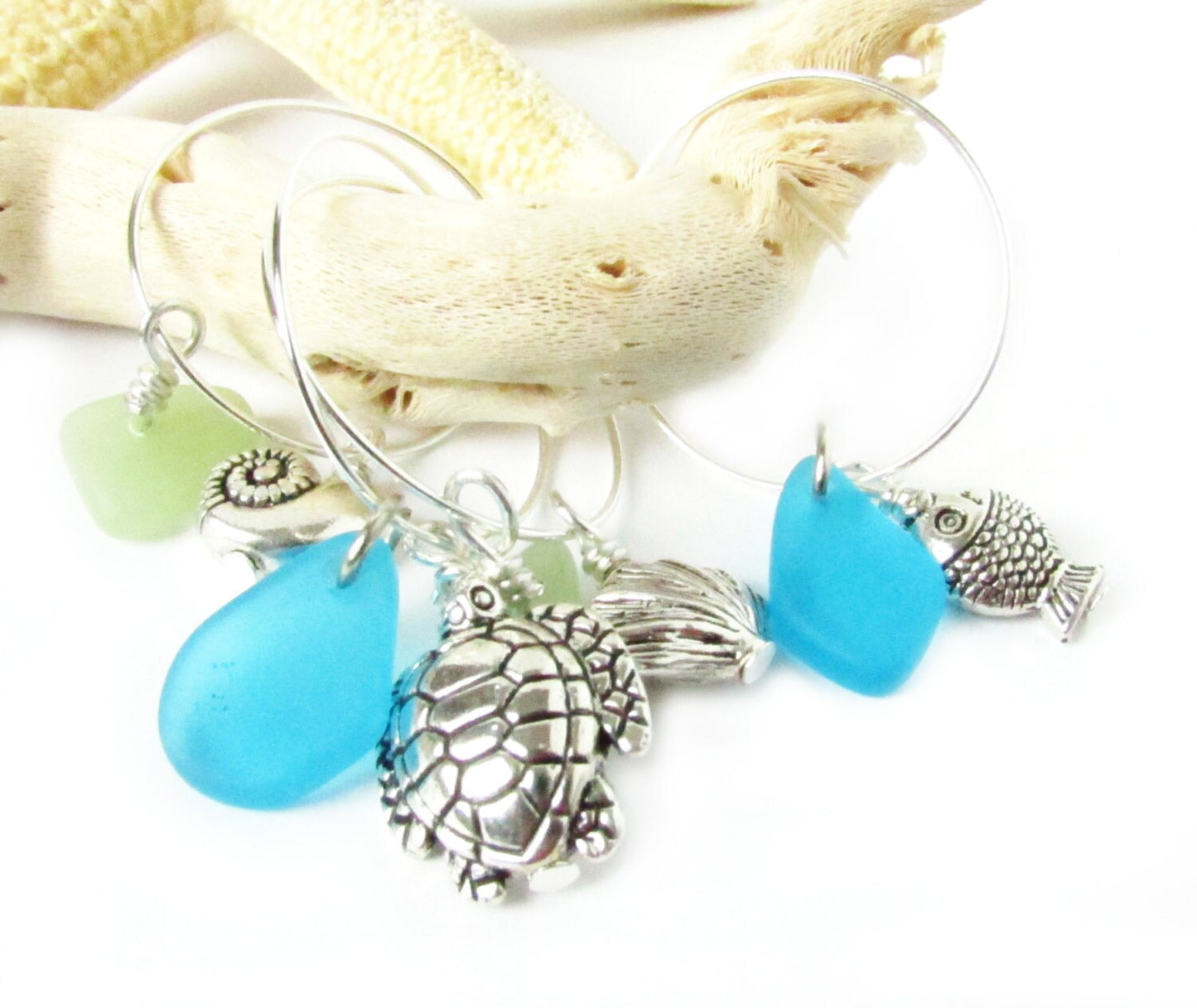 Beach Wine Charms – Sea Glass & Shell Set of 4, Coastal Hostess Gift for Wine Lovers