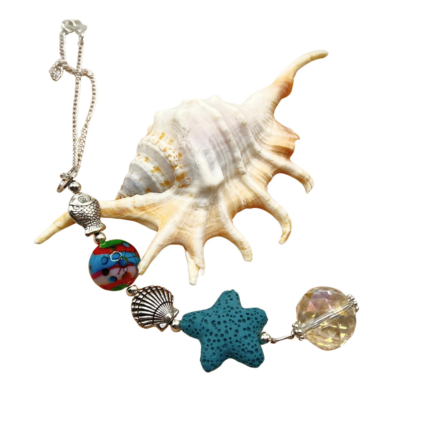 Starfish Car Charm – Beachy Rear View Mirror Diffuser with Lava Bead & Fish Charms