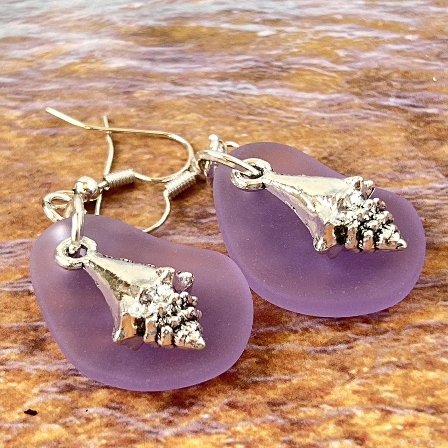 Sea Glass & Seashell Earrings – Purple or Blue Coastal Drop Jewelry, Handmade Beach Gift
