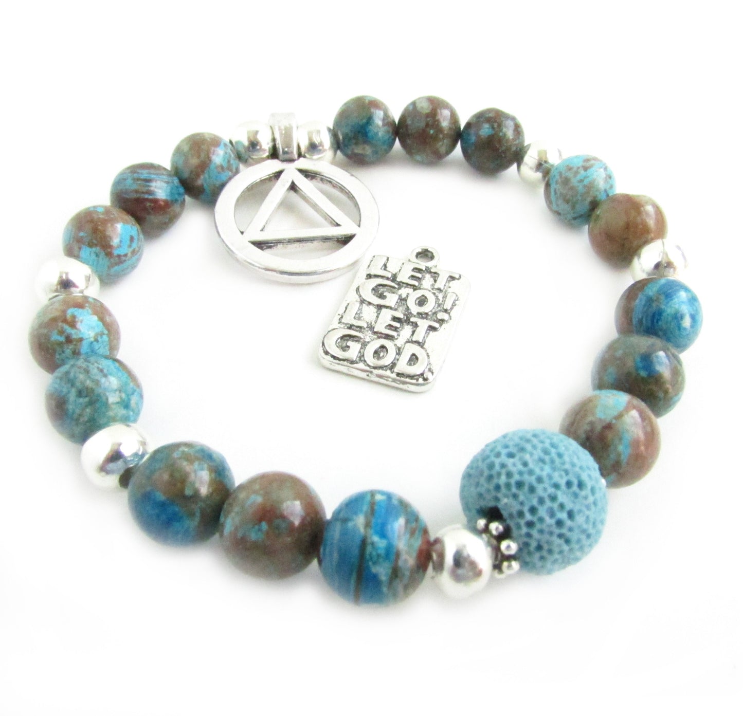 Blue crazy lace agate stretch bracelet with AA symbol charm and lava bead, meaningful addiction recovery jewelry