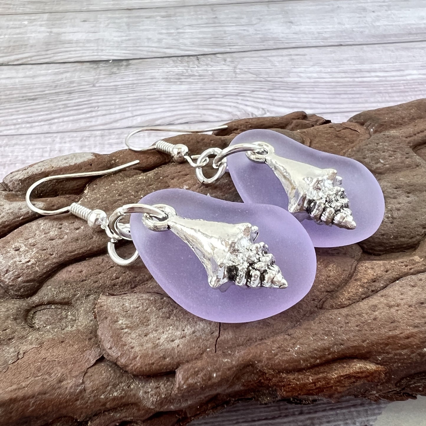 Sea Glass Shell Earrings – Matte Lavender or Ocean Blue, Eco-Friendly Coastal Beach Jewelry