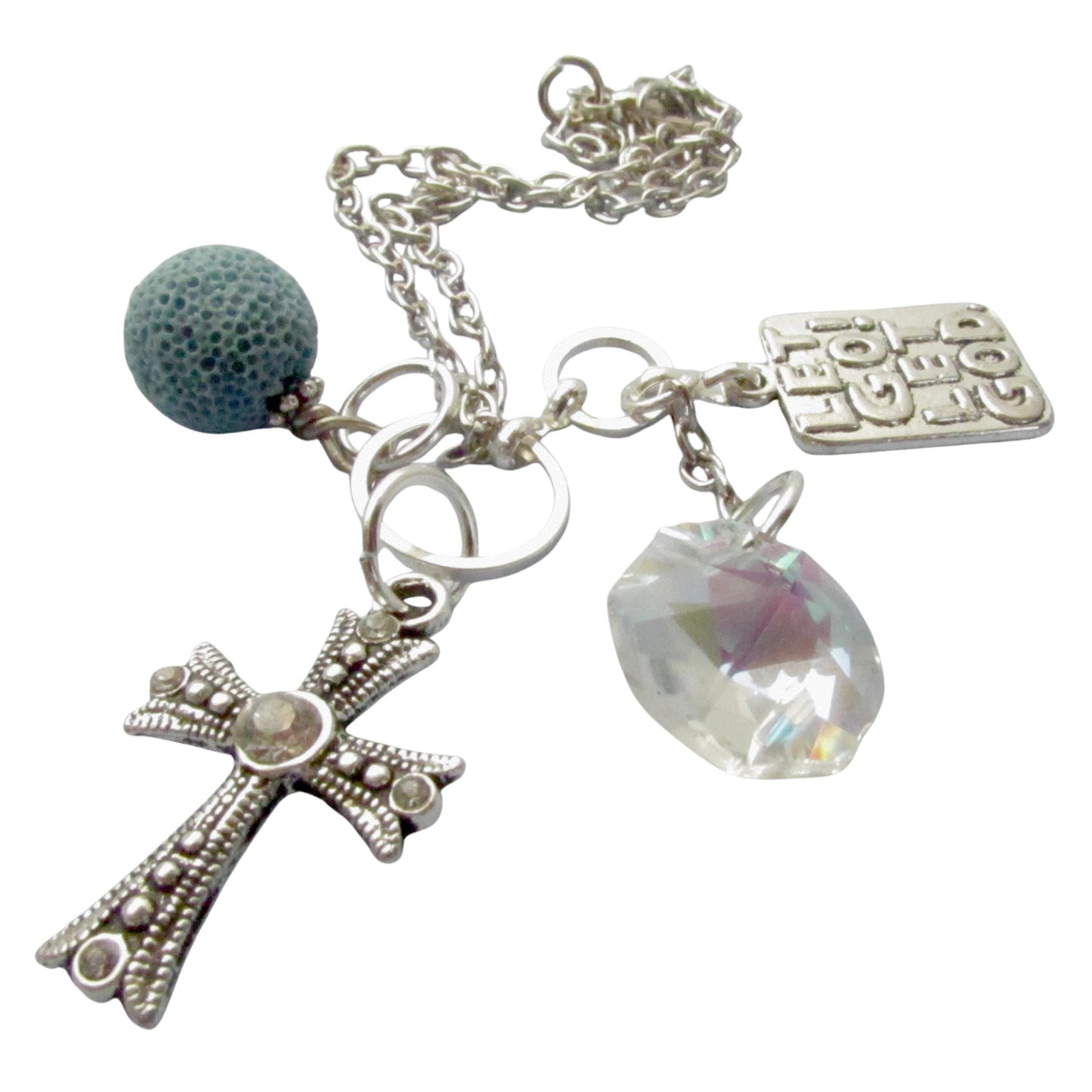 Cross Car Charm – Let Go Let God Rear View Mirror Dangle with Lava Bead Diffuser, Faith & Sobriety Gift