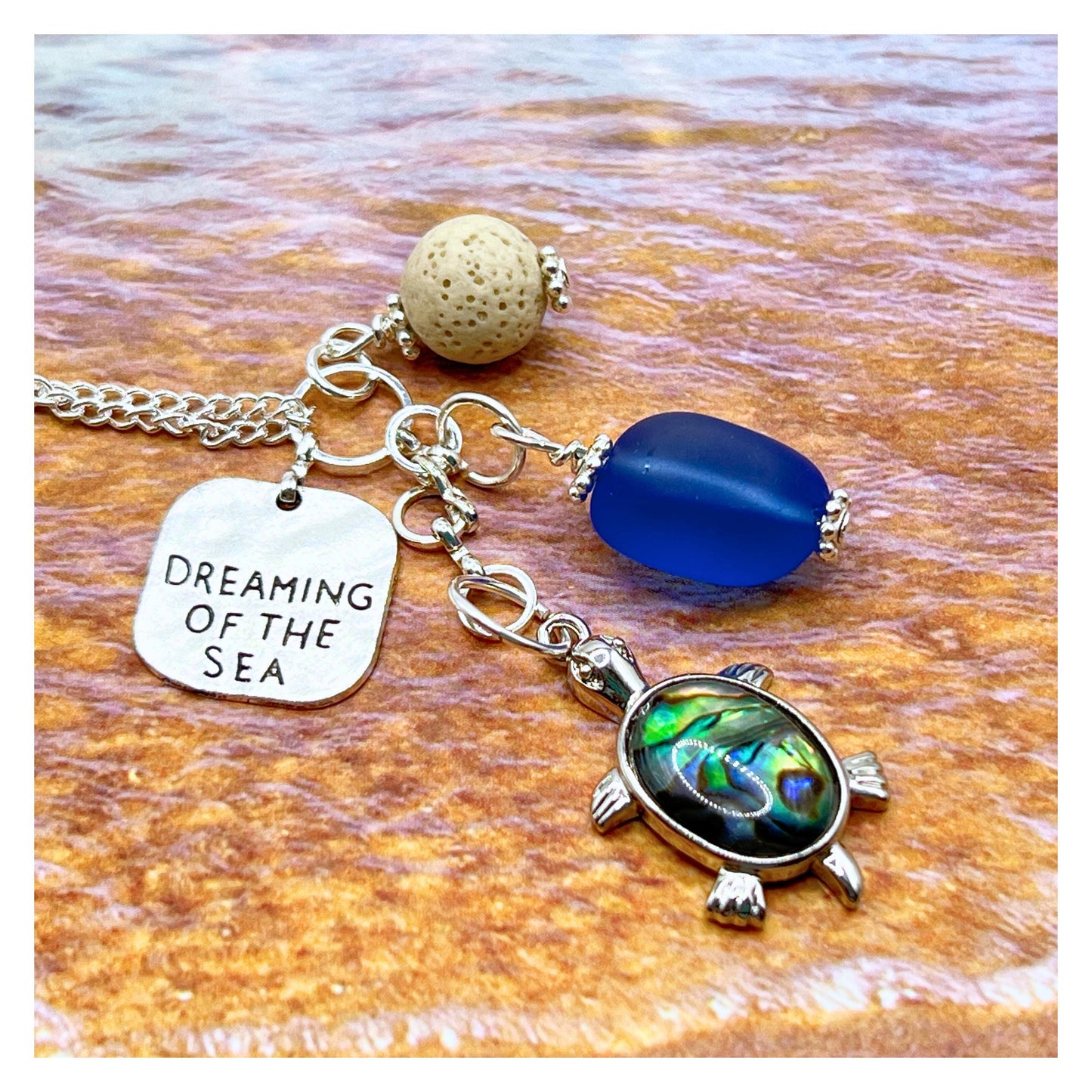 Abalone Sea Turtle Car Charm – Blue Sea Glass Rear View Mirror Dangle, Coastal Beach Accessory