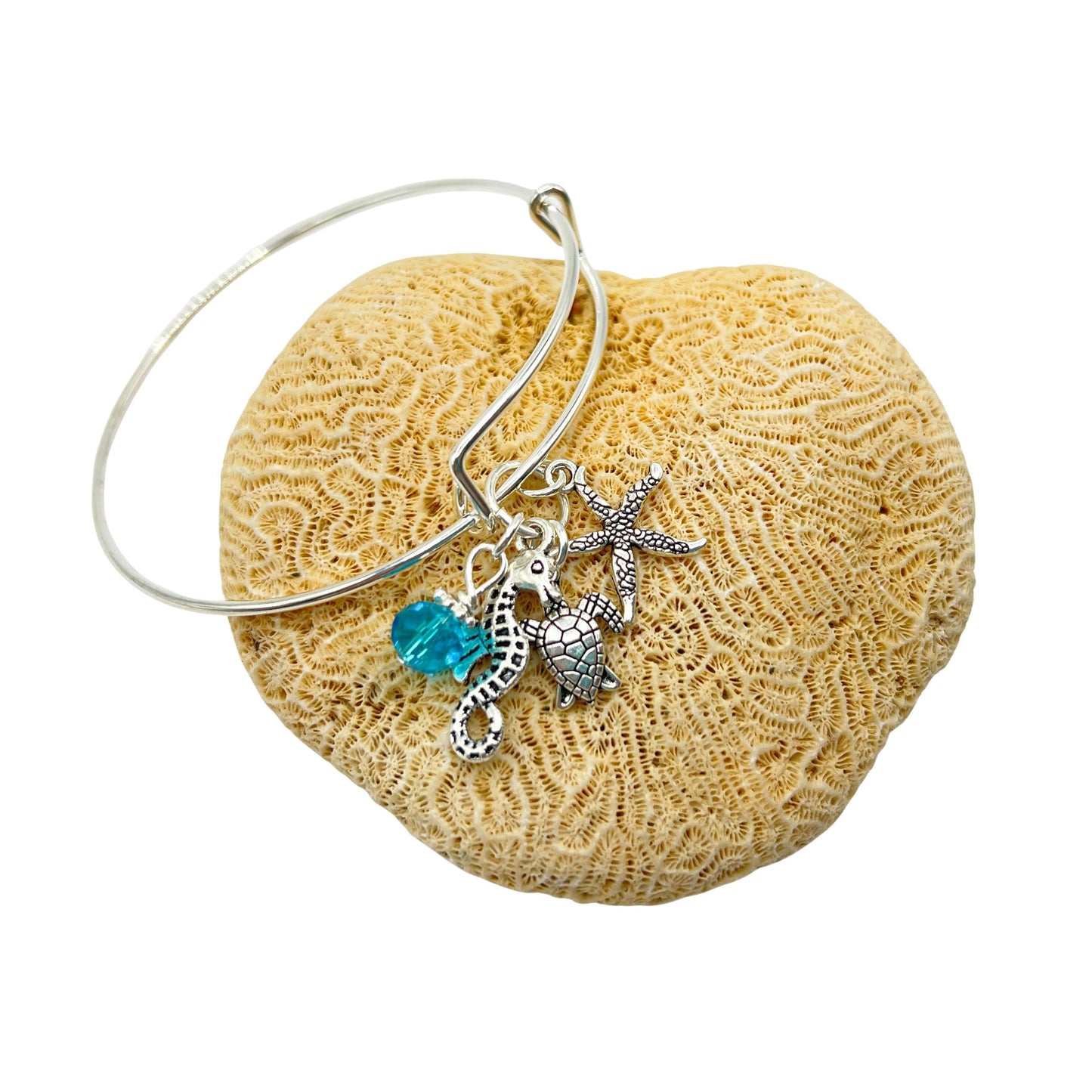 Sea Turtle Bangle Bracelet – Starfish & Seahorse Charms, Handmade Ocean Beach Jewelry Gift