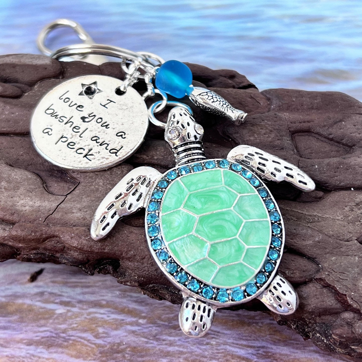 Sea Turtle Keychain with Love Quote Charm – Enamel Ocean Purse Charm & Nautical Keyring Gift