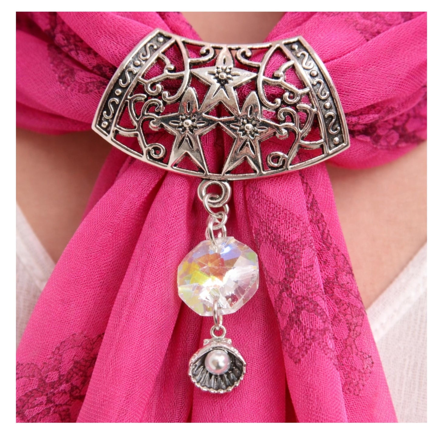 Seashell Scarf Pendant Slide – Silver Shell with Pearl Accent, Beach Scarf Jewelry