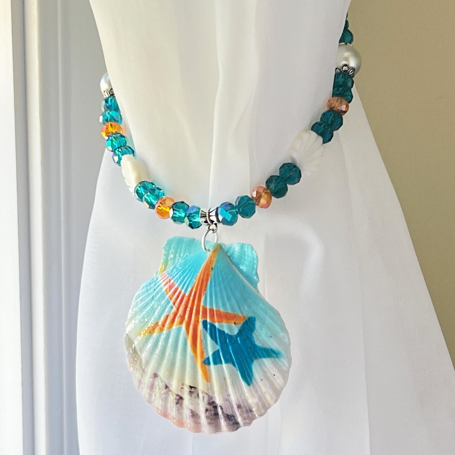 Sea Shell Curtain Tiebacks – Hand-Painted Shell Beaded Coastal Home Decor, Handmade Set of 2