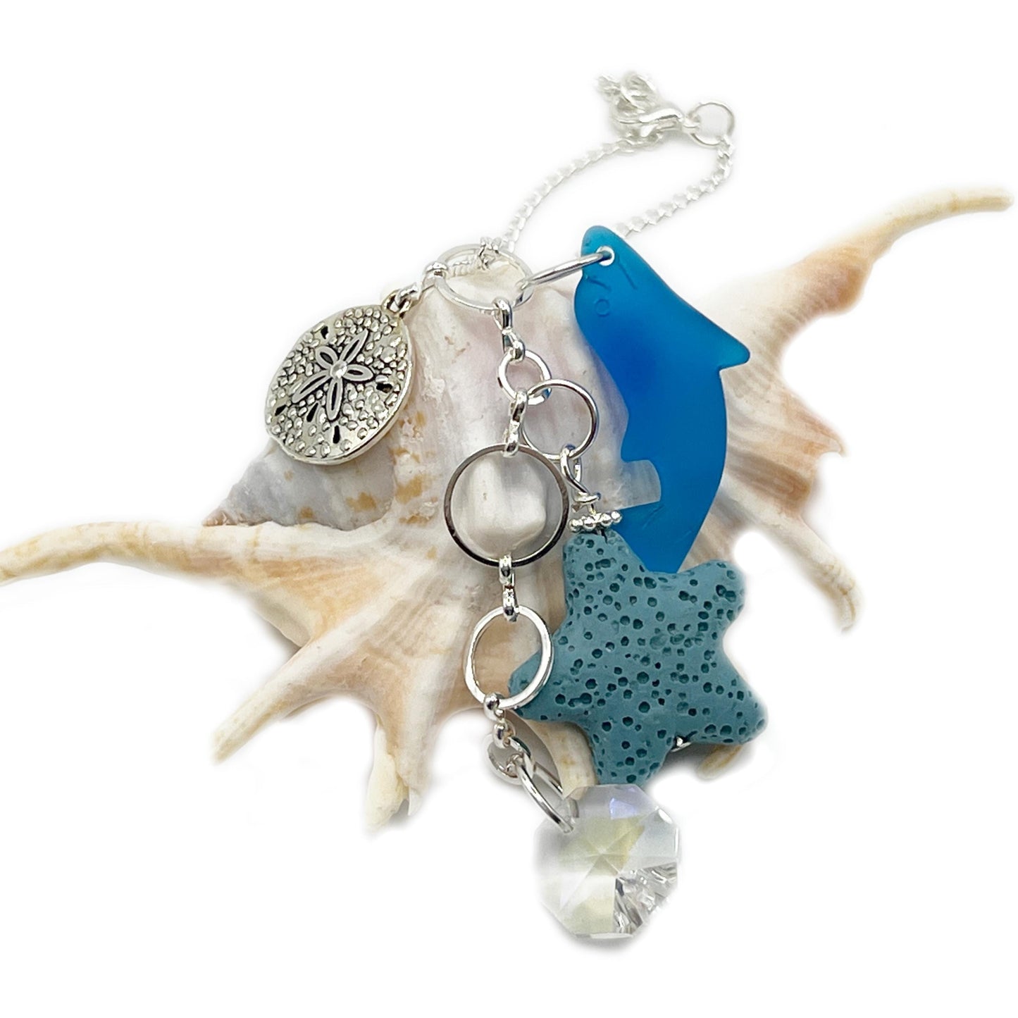 Sea Glass Dolphin Rear View Mirror Charm – Lava Bead Aromatherapy Car Diffuser, Coastal Gift