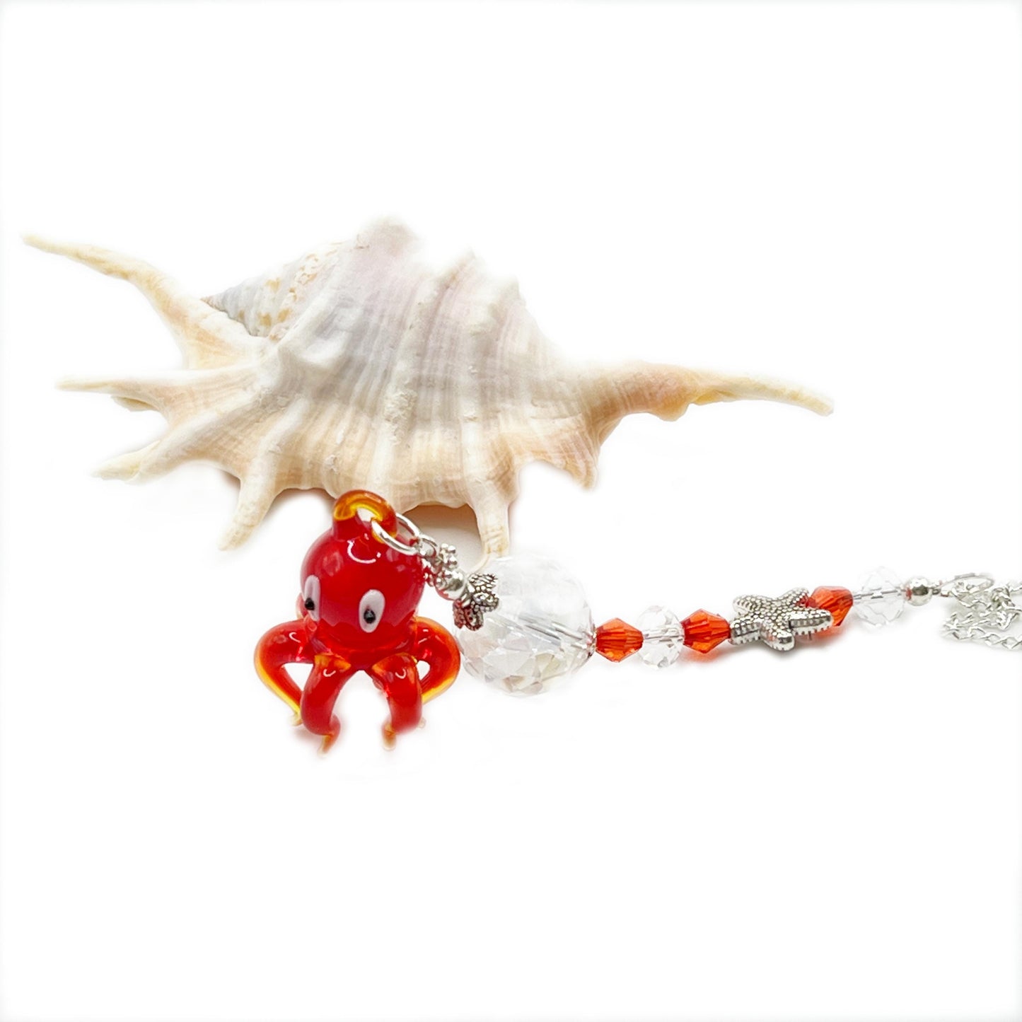 Octopus Car Charm – Red Glass Rear View Mirror Sun Catcher, Handmade Ocean Beach Gift